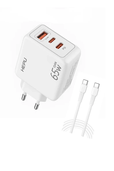 Hepu HP-C37 Yeni Nesil GAN 65W 2X Type-C USB-C PD+1X USB QC Hızlı Şarj Adaptörü