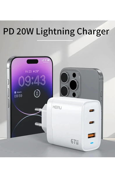 Hepu Hp-C32 Yeni Nesil GAN 67W 2X Type-C USB-C PD+1X USB QC Hızlı Şarj Adaptörü - 6