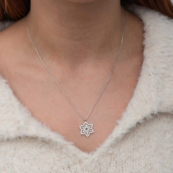 Gümüş Baget Taşlı Çiçek Kadın Kolye - Resim 4