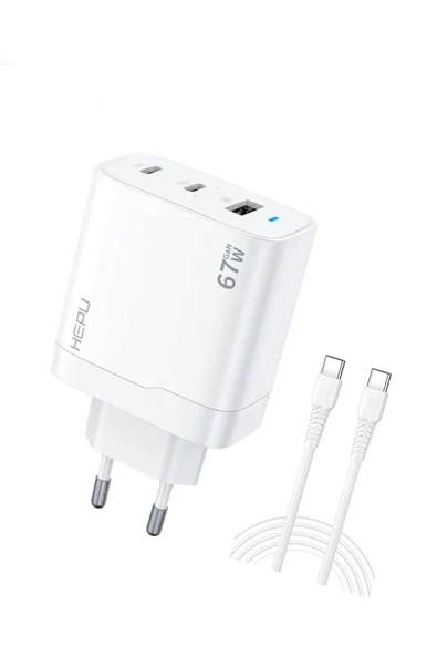 Hepu Hp-C32 Yeni Nesil GAN 67W 2X Type-C USB-C PD+1X USB QC Hızlı Şarj Adaptörü