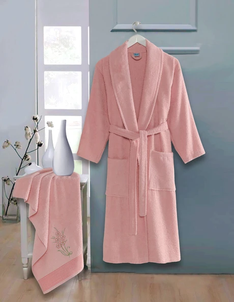 Bornoz - Nakışlı Havlu Seti Cora Pudra L/XL+45x85cm