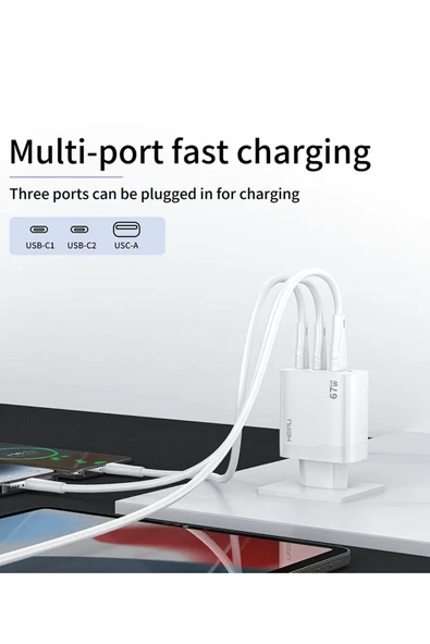 Hepu Hp-C32 Yeni Nesil GAN 67W 2X Type-C USB-C PD+1X USB QC Hızlı Şarj Adaptörü - 7