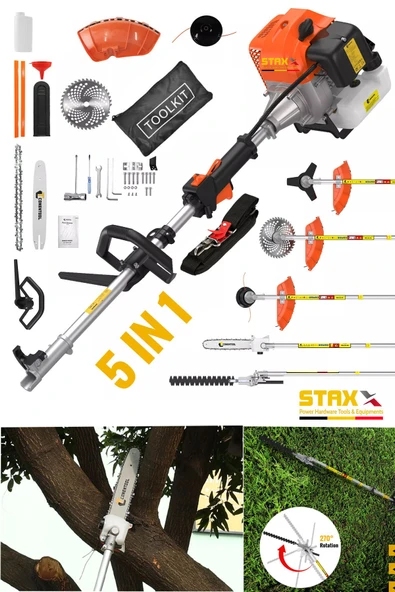 STAXX 0HPX SUPER Çok Fonksiyonlu 5Li Kafa Benzinli Tırpan + Çit + Çim + Testere Seti Ot Biçme Mak