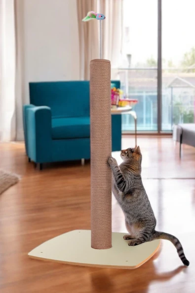 Kedi Tırmalama Tahtası Kedi Tırmalaması 90cm + 20 cm Yaylı Oyuncaklı 40x40 MDF Taban