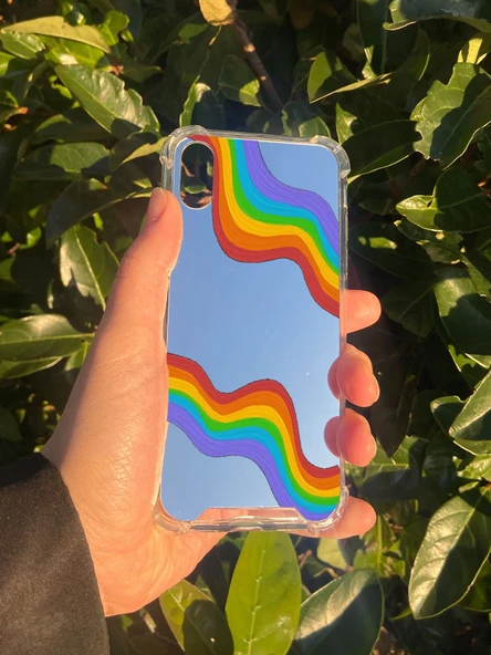 İphone XS Uyumlu Aynalı Gökkuşağı Desenli Darbe Kamera Korumalı Silikon Telefon Kılıfı