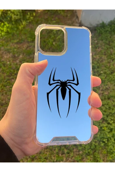 İphone 15 Pro Max Uyumlu Aynalı Örümcek Desenli Darbe Kamera Korumalı Silikon Telefon Kılıfı