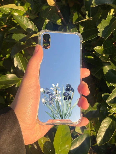İphone X Uyumlu Aynalı Mor Beyaz Desenli Darbe Kamera Korumalı Silikon Telefon Kılıfı