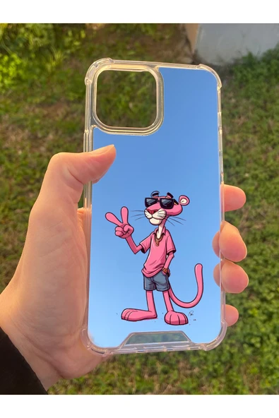 İphone 15 Pro Max Uyumlu Aynalı Pembe Panter Desenli Darbe Kamera Korumalı Silikon Telefon Kılıfı