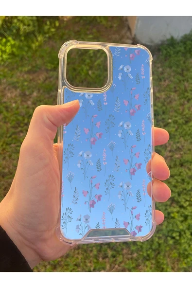 İphone 15 Pro Max Uyumlu Aynalı Mor Çiçek Desenli Darbe Kamera Korumalı Silikon Telefon Kılıfı
