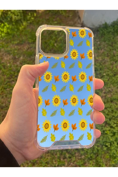 İphone 15 Pro Max Uyumlu Aynalı Ayçiçeği Desenli Darbe Kamera Korumalı Silikon Telefon Kılıfı