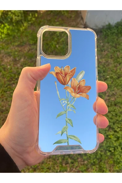 İphone 15 Pro Max Uyumlu Aynalı Turuncu Lale Desenli Darbe Kamera Korumalı Silikon Telefon Kılıfı