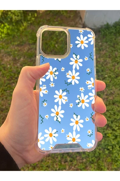 İphone 15 Pro Max Uyumlu Aynalı Papatya Desenli Darbe Kamera Korumalı Silikon Telefon Kılıfı
