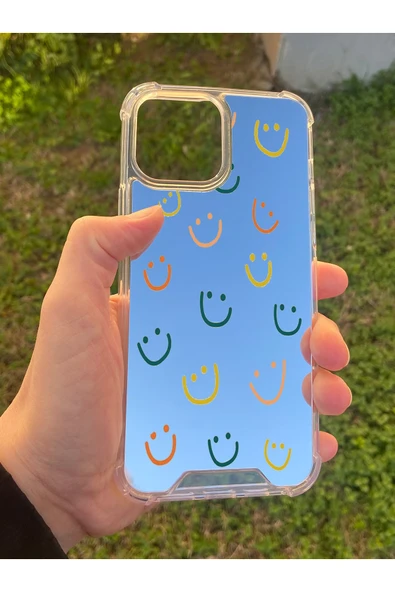 İphone 15 Pro Max Uyumlu Aynalı Gülücük Desenli Darbe Kamera Korumalı Silikon Telefon Kılıfı