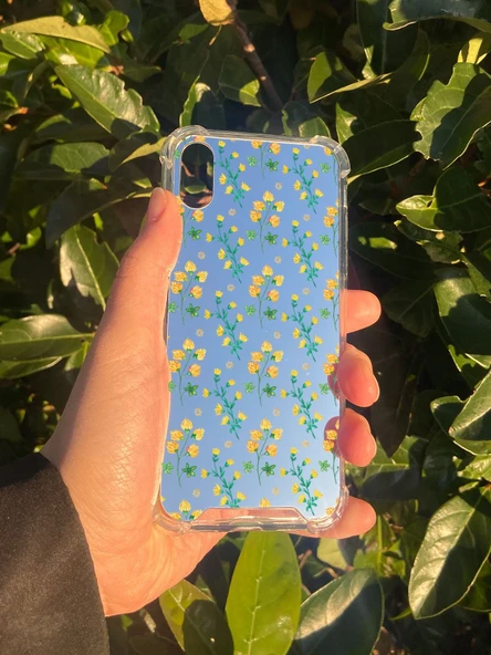 İphone XS Uyumlu Aynalı Sarı Çiçek Desenli Darbe Kamera Korumalı Silikon Telefon Kılıfı