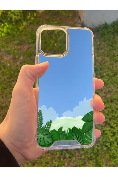 İphone 15 Pro Max Uyumlu Aynalı Yaprak Desenli Darbe Kamera Korumalı Silikon Telefon Kılıfı