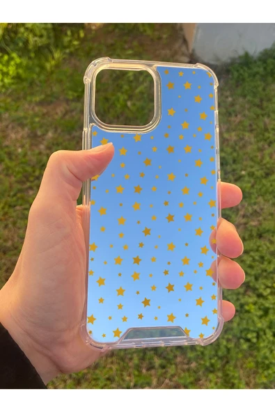 İphone 15 Pro Max Uyumlu Aynalı Yıldız Desenli Darbe Kamera Korumalı Silikon Telefon Kılıfı