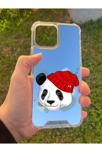 İphone 15 Pro Max Uyumlu Aynalı Panda Desenli Darbe Kamera Korumalı Silikon Telefon Kılıfı