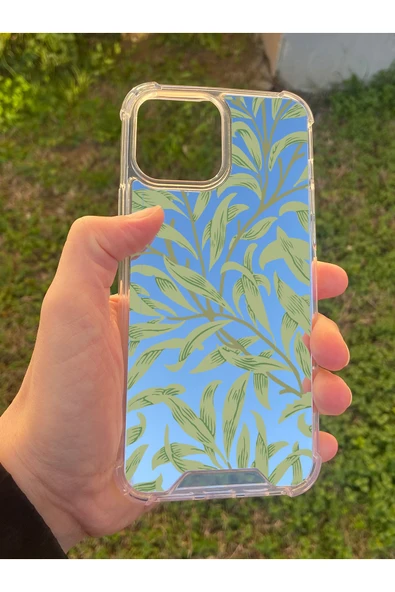 İphone 15 Pro Max Uyumlu Aynalı Yaprak Desenli Darbe Kamera Korumalı Silikon Telefon Kılıfı