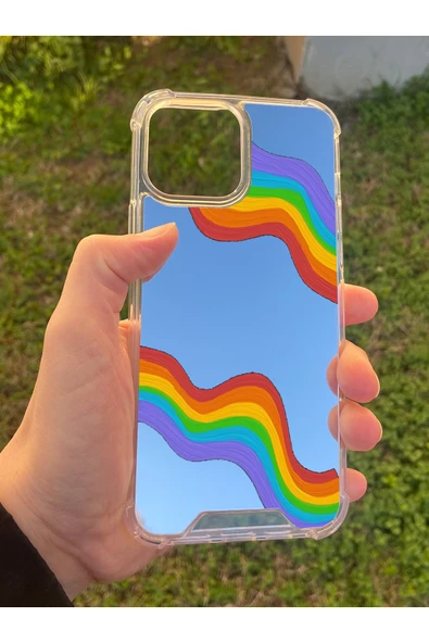 İphone 15 Pro Max Uyumlu Aynalı Gökkuşağı Desenli Darbe Kamera Korumalı Silikon Telefon Kılıfı