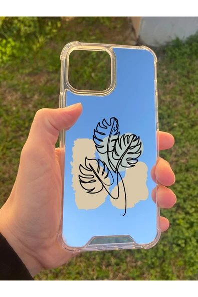 İphone 15 Pro Max Uyumlu Aynalı Monstera Desenli Darbe Kamera Korumalı Silikon Telefon Kılıfı