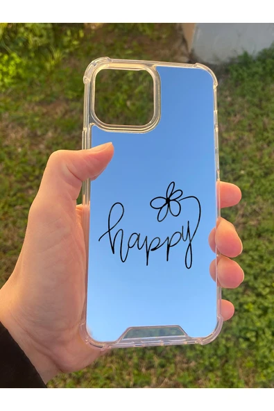 İphone 15 Pro Max Uyumlu Aynalı Happy Desenli Darbe Kamera Korumalı Silikon Telefon Kılıfı