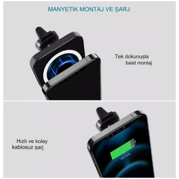 Ozmik 15W Hızlı Şarjlı Manyetik Kablosuz Cep Telefonu Tutucu, Araç Şarj Cihazı - 3