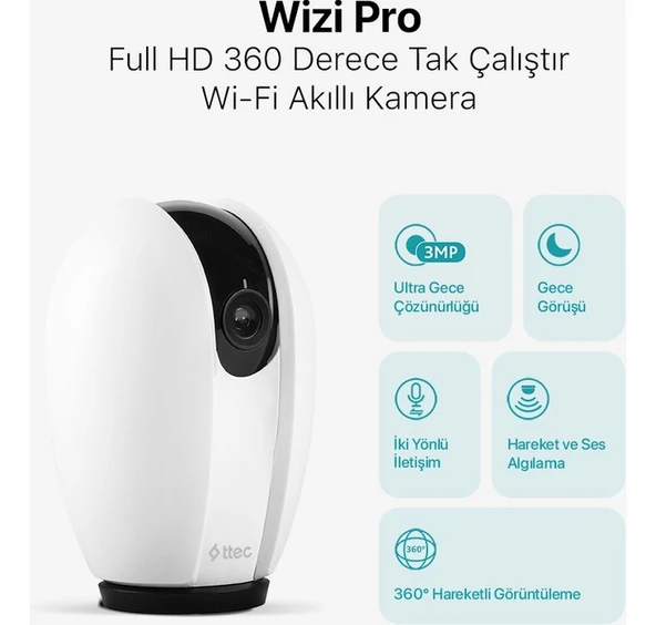 Ttec Wizi Pro Full Hd 360 Derece Tak Çalıştır Wi-Fi Akıllı Kamera - Resim 2