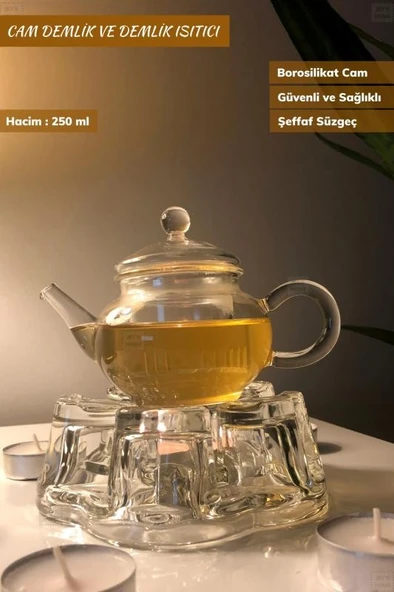 2’li Set Cam Demlik ve Cam Isıtıcı Süzgeçli Demlik 250 ml Bitki Çayı Demliği Borasilikat