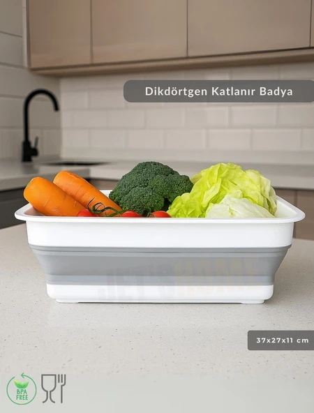 Katlanır Badya - Akordiyon Katlanabilir Dikdörtgen Kova | 8 L - Beyaz/Gri - BPA Free - Resim 2
