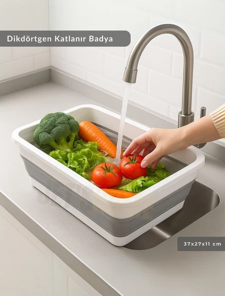 Katlanır Badya - Akordiyon Katlanabilir Dikdörtgen Kova | 8 L - Beyaz/Gri - BPA Free ürün görseli 1
