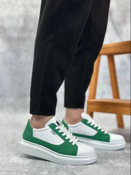 ET0423 Kalın Yüksek Taban Beyaz Yeşil Bağcıklı Spor Erkek Ayakkabı - 2