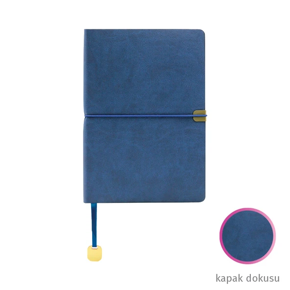 Gold Detaylı Mavi Not Defteri - Çizgili, Termo Deri Kapak 14,5 x 21 cm