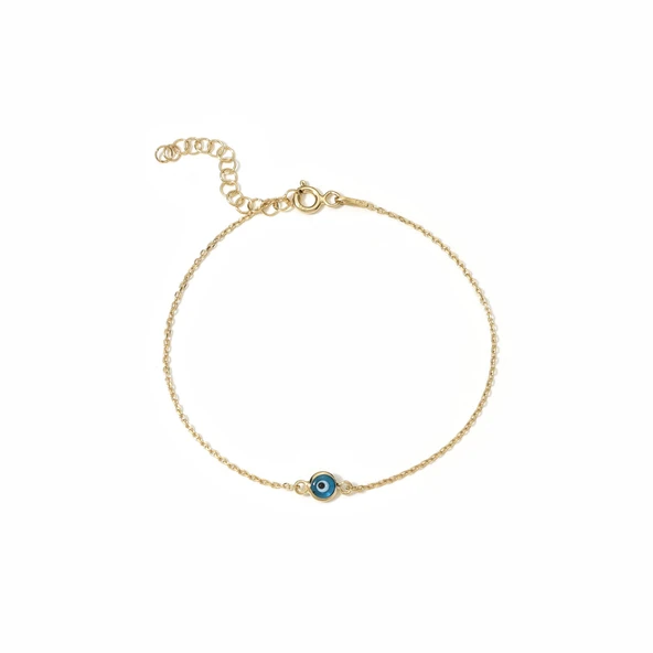 14 Ayar Altın Kaplama Minima Açık Mavi  Göz Boncuğu Gümüş Bileklik - CBS00121 - Resim 4