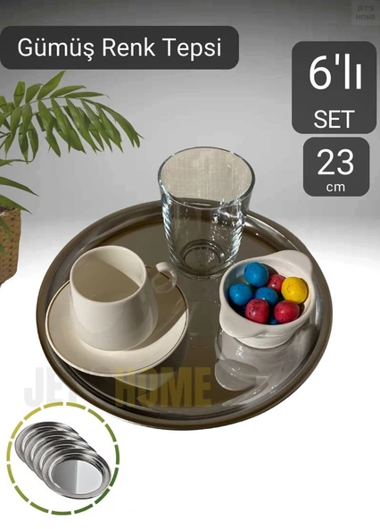6’lı Set Lüx Sunum Tepsisi Paslanmaz Kahve Tepsisi Çelik Tepsi Yuvarlak Çeyizlik Tepsi 23 cm