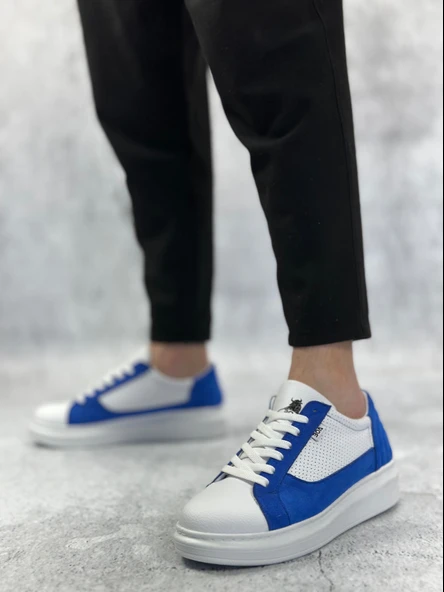 ET0423 Kalın Yüksek Taban Beyaz Mavi Bağcıklı Spor Erkek Ayakkabı - Resim 3