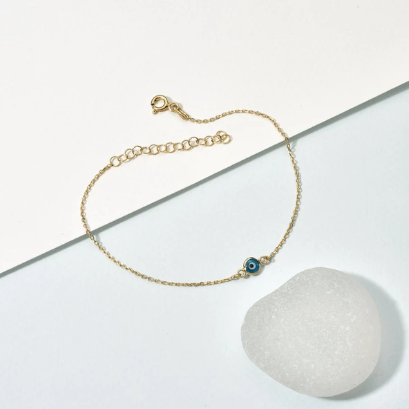 14 Ayar Altın Kaplama Minima Açık Mavi  Göz Boncuğu Gümüş Bileklik - CBS00121 - Resim 3