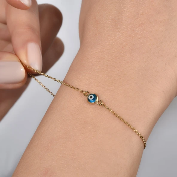 14 Ayar Altın Kaplama Minima Açık Mavi  Göz Boncuğu Gümüş Bileklik - CBS00121 - Resim 2