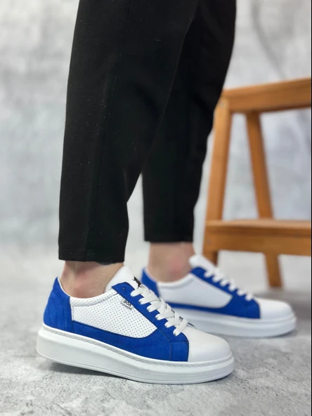 ET0423 Kalın Yüksek Taban Beyaz Mavi Bağcıklı Spor Erkek Ayakkabı - Resim 2