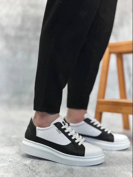 ET0423 Kalın Yüksek Taban Beyaz Siyah Bağcıklı Spor Erkek Ayakkabı - Resim 2