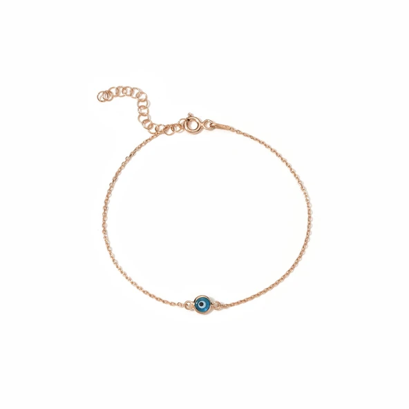14 Ayar Altın Kaplama Minima Açık Mavi  Göz Boncuğu Gümüş Bileklik - CBS00121 - Resim 5