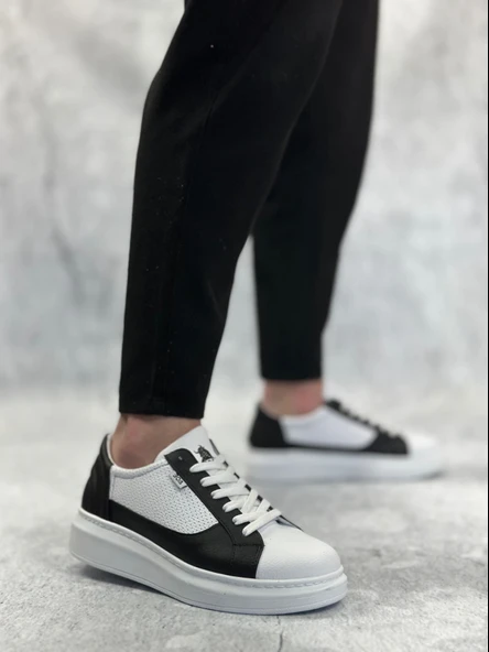 ET0423 Kalın Yüksek Taban Beyaz Siyah Bağcıklı Spor Erkek Ayakkabı - Resim 3