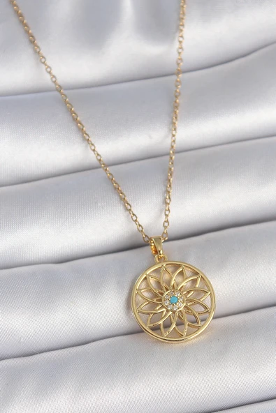 316L Çelik Gold Renk Zincr Mavi Taşlı Lotus Model Kadın Kolye - TJ-BKO10061