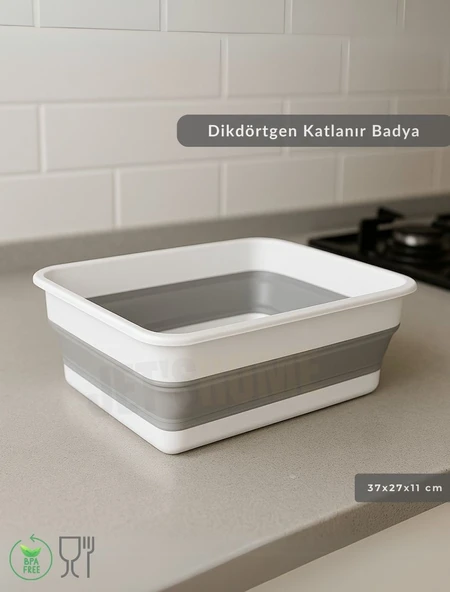 Katlanır Badya - Akordiyon Katlanabilir Dikdörtgen Kova | 8 L - Beyaz/Gri - BPA Free - Resim 3