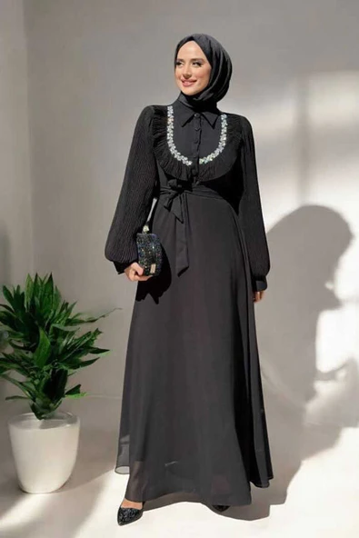 Pilise Kol Detaylı Elbise 3949 Siyah