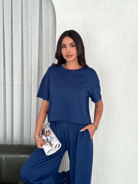 Osy Modal Yumuşak Dokulu Kumaş Bisiklet Yaka T-shirt Bol Paça Pantalon Ikili Takım -Saks Mavi ürün görseli 1