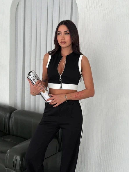 Osy Modal Yumuşak Dokulu Kumaş Tam Fermuarlı Crop Pantalon İkili Takım - Siyah