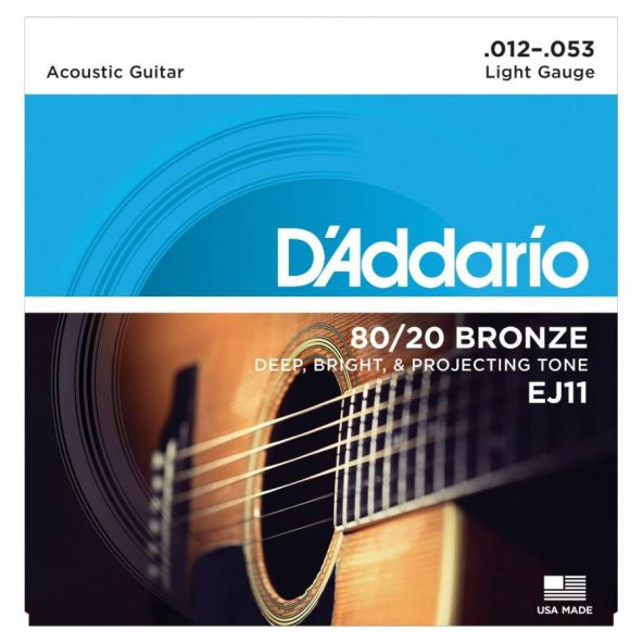 DADDARIO EJ11 AKUSTİK GİTAR TEL SETİ, 80/20 BRONZE, LIGHT GAUGE,  