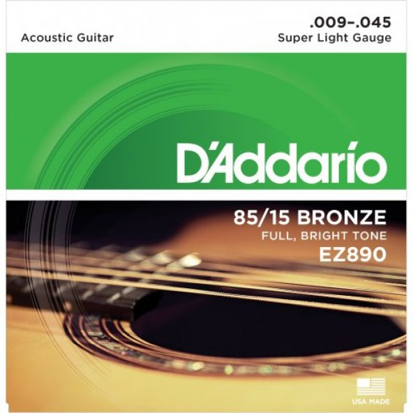 DADDARIO EZ890 AKUSTİK GİTAR TEL SETİ, 85/15 BRONZE, SUPER LIGHT  D'Addario EZ890 American Made 85/15 Bronze Acoustic Guitar Strings, Super Light, 09-45