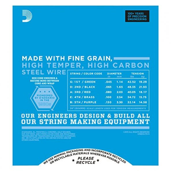 DADDARIO EXL170-5TP (2 SET) BAS GİTAR TEL SETİ , 5 TELLİ, XL, 45-130,  Bas Tel Set 5 Telli 045-130 5Str - 2