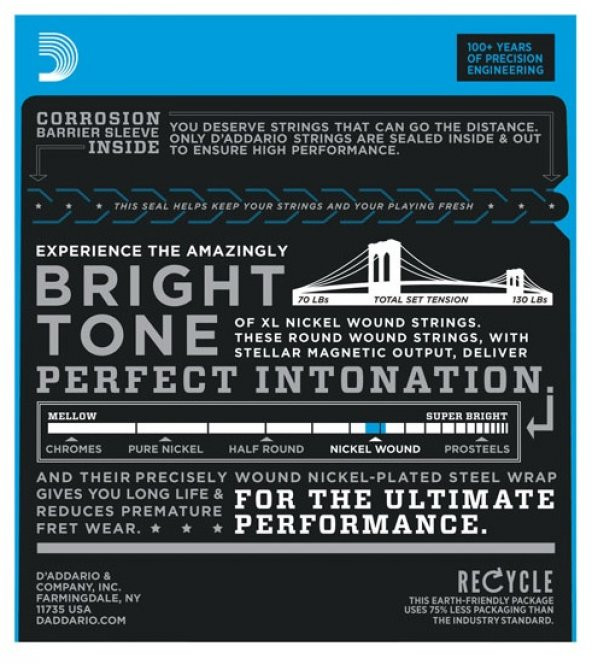 DADDARIO EXL110 ELEKTRO GİTAR TEL SETİ, XL, 10-46, NICKEL WOUND, R D'ADDARIO, EXL110,  Elektro Gitar tel Seti, Nickel Wound, Regular Light, 10-46
Nikel Sarım 10-46, Regular Light - 2